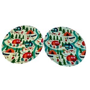 2 Camping Dinnerware Plates Plastic Camp Plates, Fire, Camper, Camping Scene